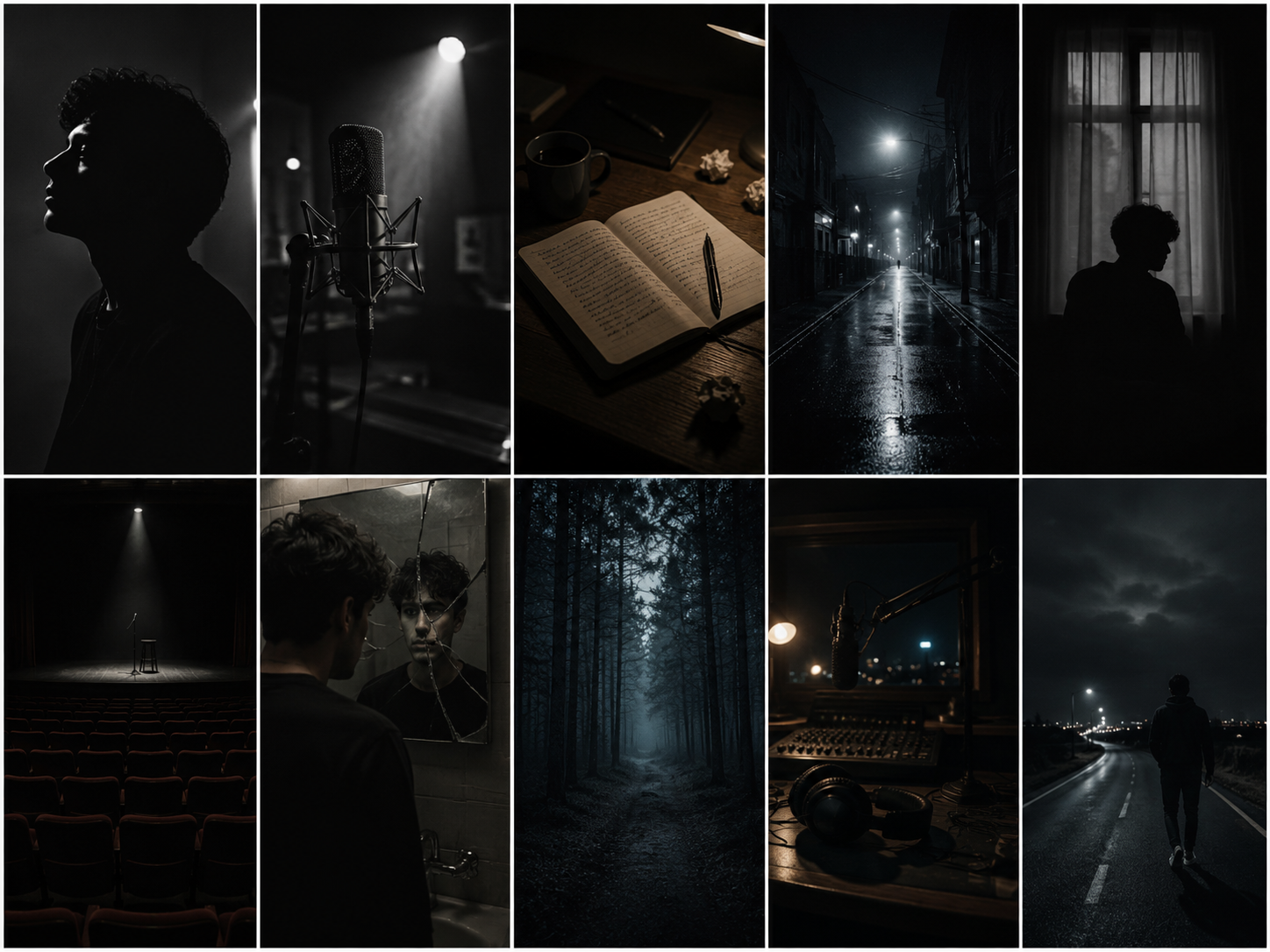 Archivo visual oscuro sobre música, escritura y escenarios nocturnos
