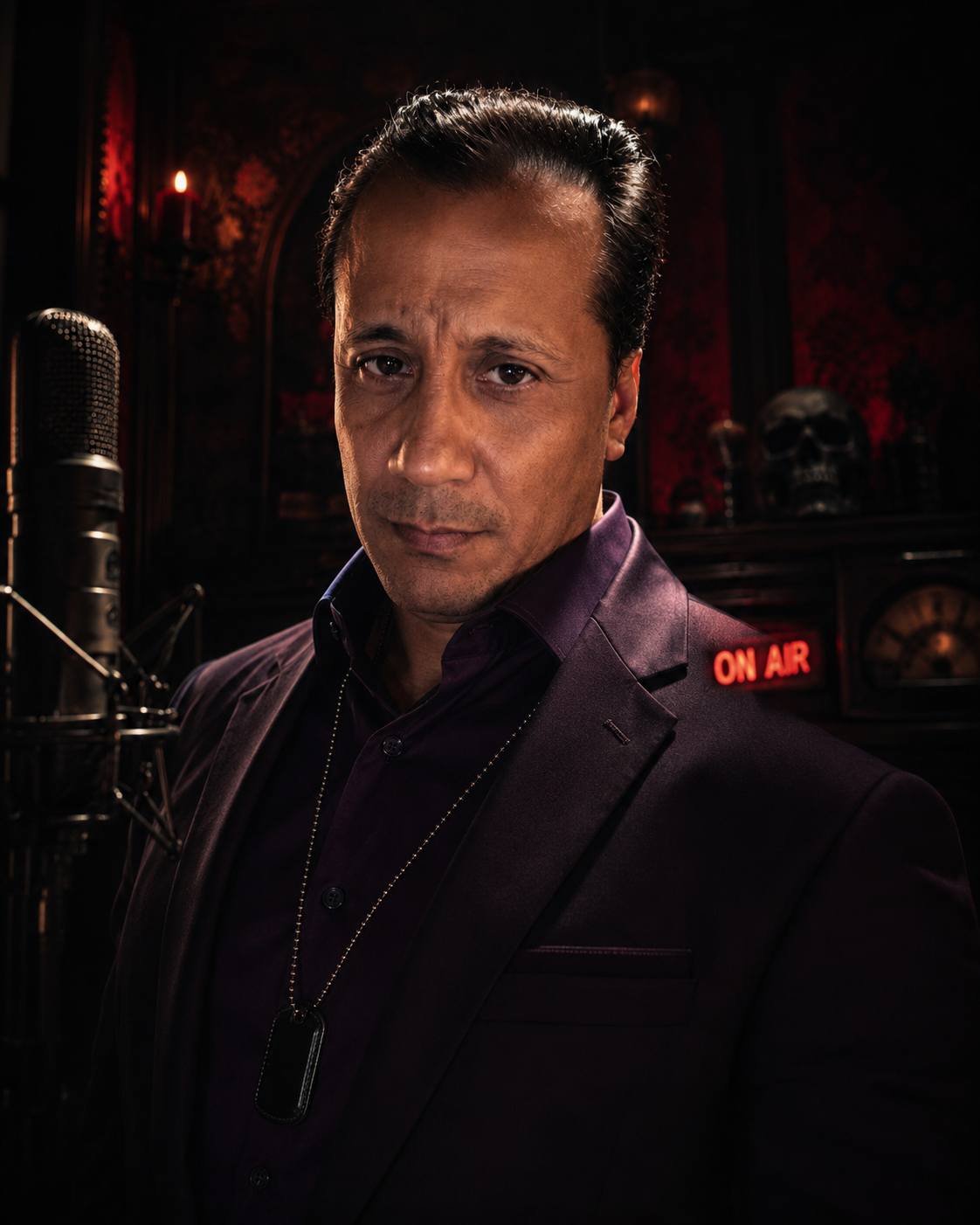 Retrato de Luis Allan Poe en un estudio oscuro junto a un micrófono