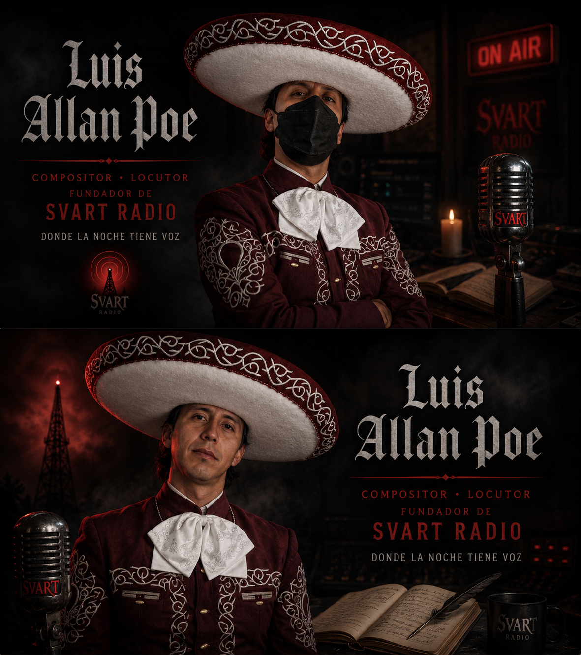 Presentación visual de Luis Allan Poe como compositor y locutor