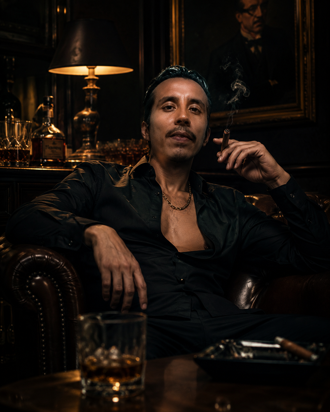 Retrato editorial de Luis Allan Poe en un salón clásico