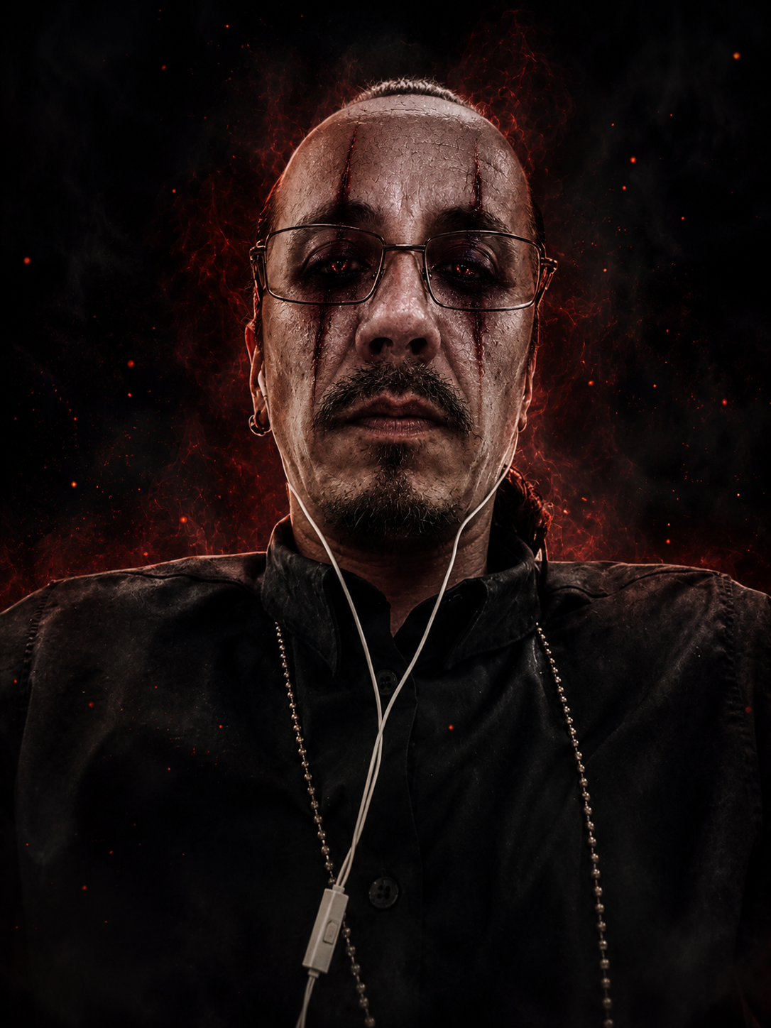 Retrato artístico de Luis Allan Poe rodeado de humo y luz roja